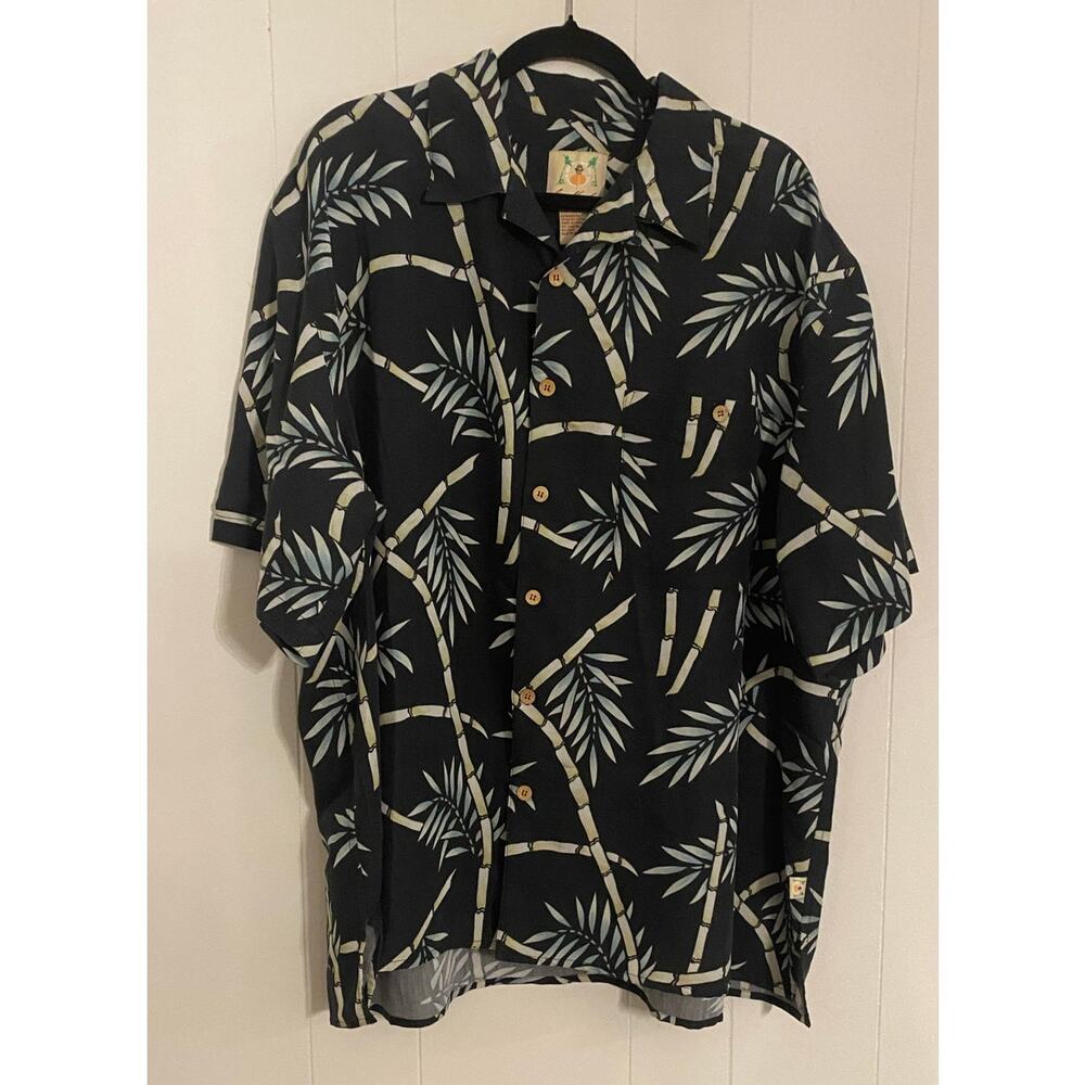 Joe Marlin Hawaiian Shirt Bamboo Print Black‎ Green Front Pocket Wood Button XXL